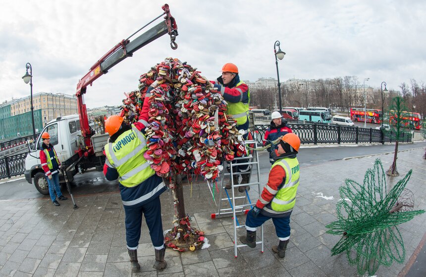 "Деревья любви" с Лужкова моста перенесли на набережную 15 фото