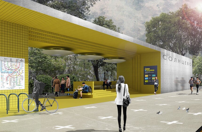 Проект станции метро "Солнцево" от Rhizome Group (Россия, Санкт-Петербург). Проект команды из Санкт-Петербурга четко разделяет утилитарную и неутилитарную составляющие архитектурного решения станции. Не желая скрывать типовую конструкцию, авторы предлагают завершить ее минимально необходимыми для эксплуатации утилитарными средствами - закрыть все вертикальные поверхности керамической плиткой.