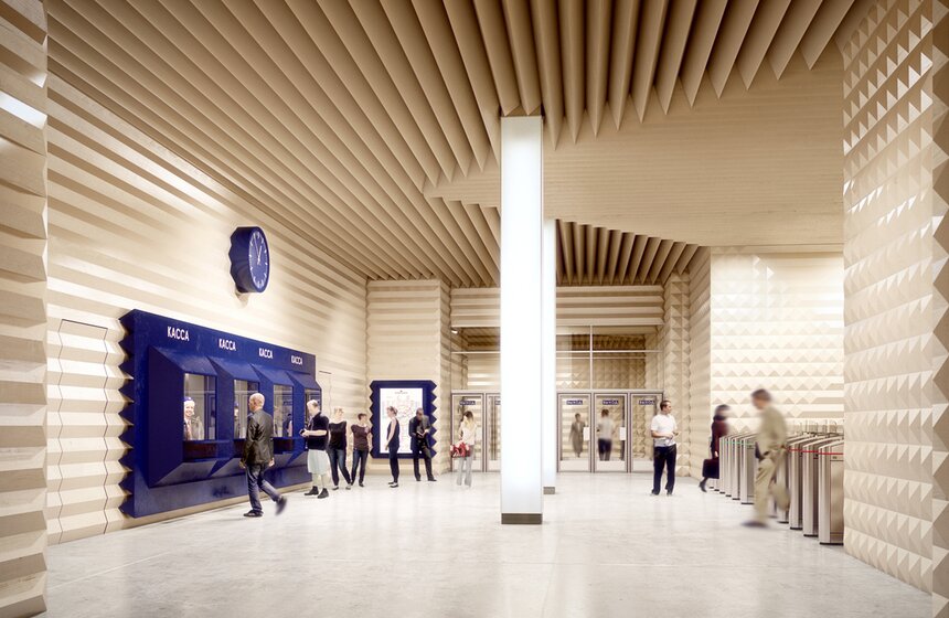 Проект станции метро "Новопеределкино" от Palast Architekts (Латвия, Рига). Основная идея, которая отражена в концепции, - станция метро "Новопеределкино" - самая тихая в мире. Для реализации этой идеи авторы предлагают покрыть стены и потолок станции инновационными панелями из звукоизоляционных и шумопоглощающих материалов, которые не позволяют звуковым волнам отражаться от стен и создавать эхо.