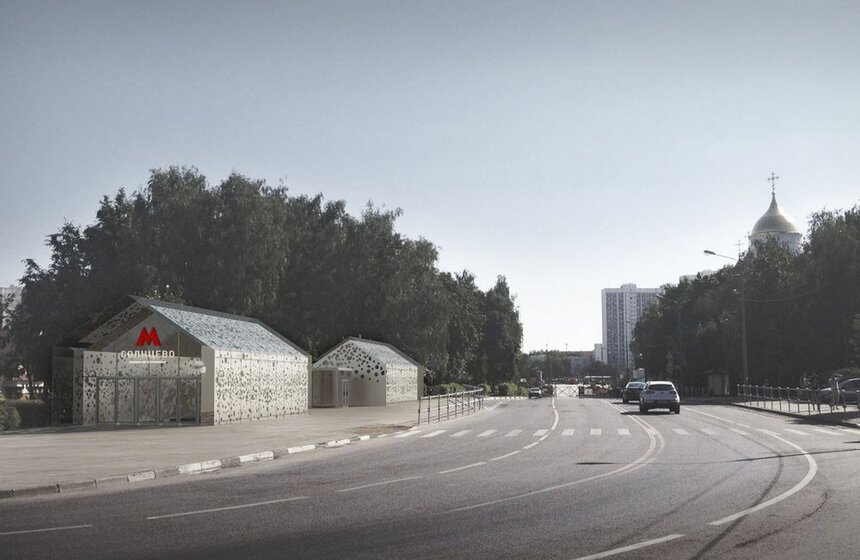 Дизайн-проект станции метро "Солнцево" от Nefaresearch (Россия, Москва). Российское архитектурное бюро намерено создать ощущение солнца на платформе и в надземных павильонах. Образ солнечных лучей реализуется с помощью светящихся отверстий в стенах и потолке.