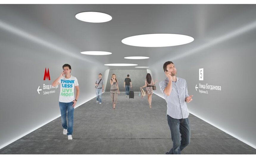 Дизайн-проект станции метро "Солнцево" от Nefaresearch (Россия, Москва). Российское архитектурное бюро намерено создать ощущение солнца на платформе и в надземных павильонах. Образ солнечных лучей реализуется с помощью светящихся отверстий в стенах и потолке.