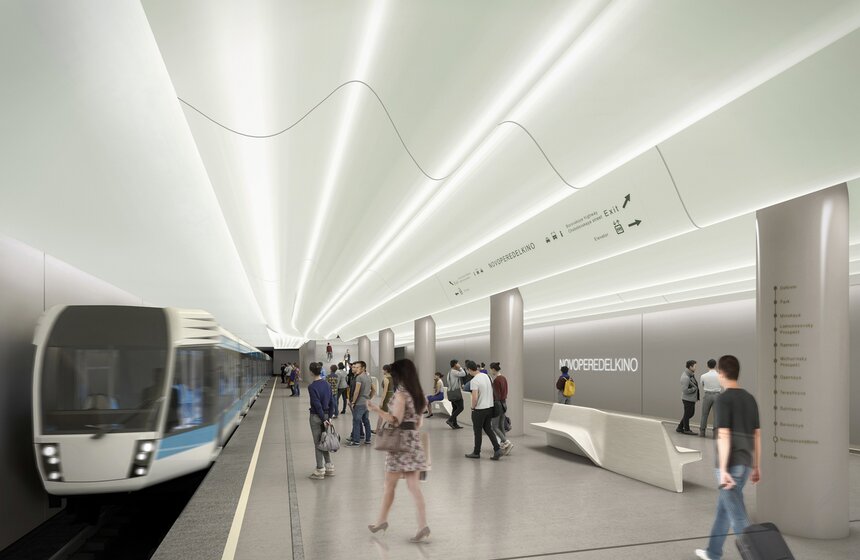 Дизайн-проект станции метро "Новопеределкино" от Gerber Architekten (Германия, Дортмунд). Команда из Германии выбрала за основную идею проекта легкую ориентацию пассажиров внутри станции и ощущение солнечного света в подземке. В качестве интерьерной особенности авторы предлагают использовать волнообразный потолок, изгибы которого призваны раскрыть весь потенциал светодизайна.