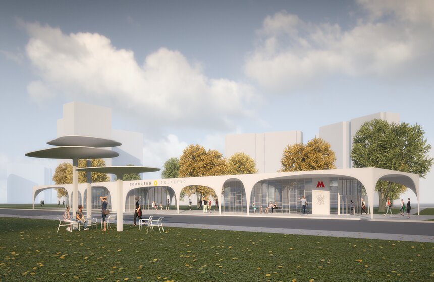 Проект станции метро "Солнцево" от Антона Барклянского (Россия, Москва). Автор предлагает создать "невесомое" пространство, которое не довлеет своей замкнутостью. Решить эту задачу архитектор призывает с помощью мягких линий, навесов, а также синего фонового цвета потолка и стен