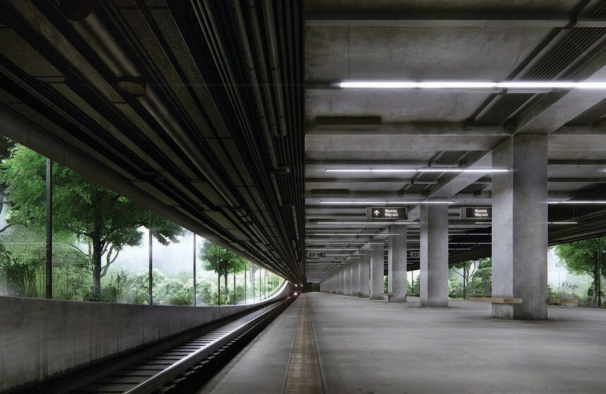 Проект станции метро "Новопеределкино" от FAS(t) (Россия, Москва). Группа архитекторов из Москвы взяла за основу идею "лес под землей". Станция как будто находится под автомобильной эстакадой, а две "зеленые" полосы леса вдоль дороги плавно опускаются вниз, обнажая объем сооружения.