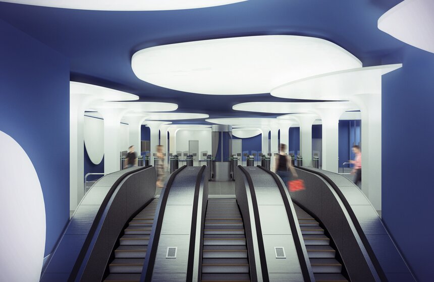 Проект станции метро "Солнцево" от Антона Барклянского (Россия, Москва). Автор предлагает создать "невесомое" пространство, которое не довлеет своей замкнутостью. Решить эту задачу архитектор призывает с помощью мягких линий, навесов, а также синего фонового цвета потолка и стен