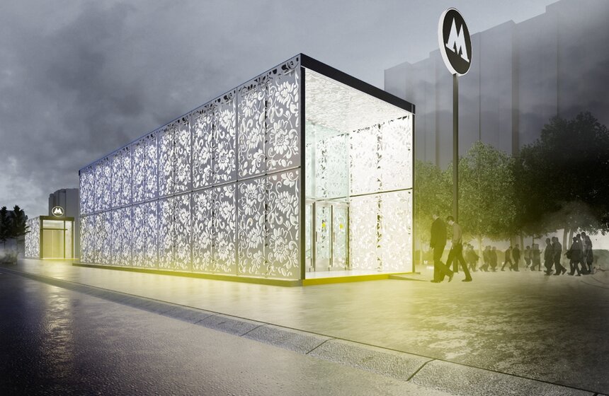 Проект станции метро "Новопеределкино" от Евгения Леонова (Латвия, Рига). Архитектор постарался в своем проекте соединить исконно московские архитектурные мотивы и современные методы отделки интерьеров. Для этого были использованы мотивы убранства старинных московских теремов и палат - настенные росписи в виде травяных орнаментов.