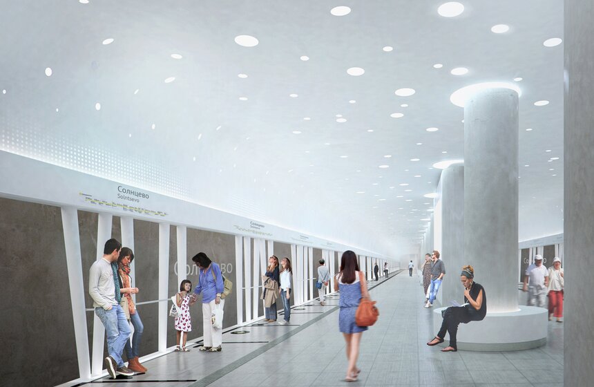 Проект станции метро "Солнцево" от Роспроект М (Россия, Санкт-Петербург). Архитекторы из Санкт-Петербурга предложили создать лаконичное функциональное пространство, способное органично соединить парк со средой метрополитена. Основой архитектурного решения стали элементы малой парковой архитектуры, такие как пергола.
