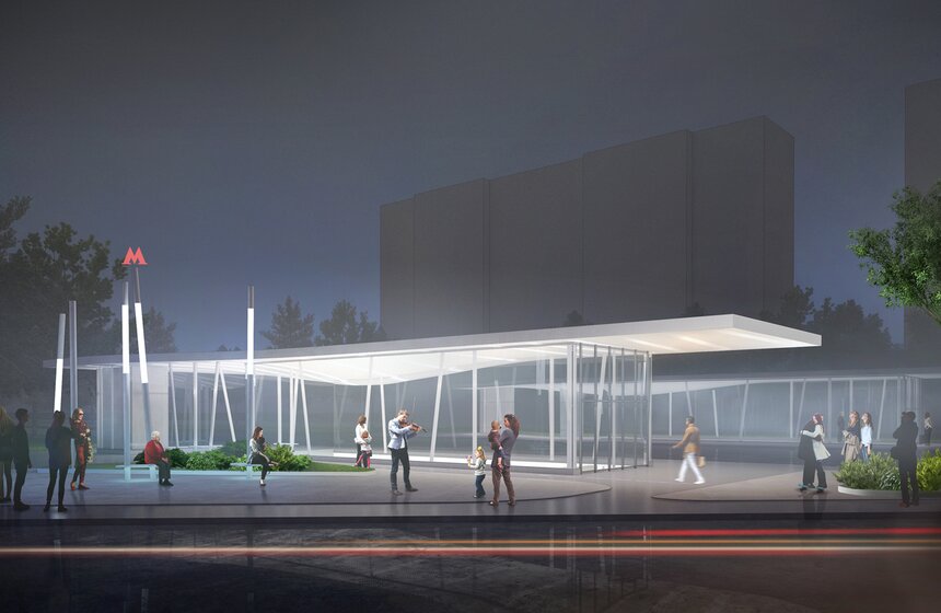 Проект станции метро "Солнцево" от Роспроект М (Россия, Санкт-Петербург). Архитекторы из Санкт-Петербурга предложили создать лаконичное функциональное пространство, способное органично соединить парк со средой метрополитена. Основой архитектурного решения стали элементы малой парковой архитектуры, такие как пергола.