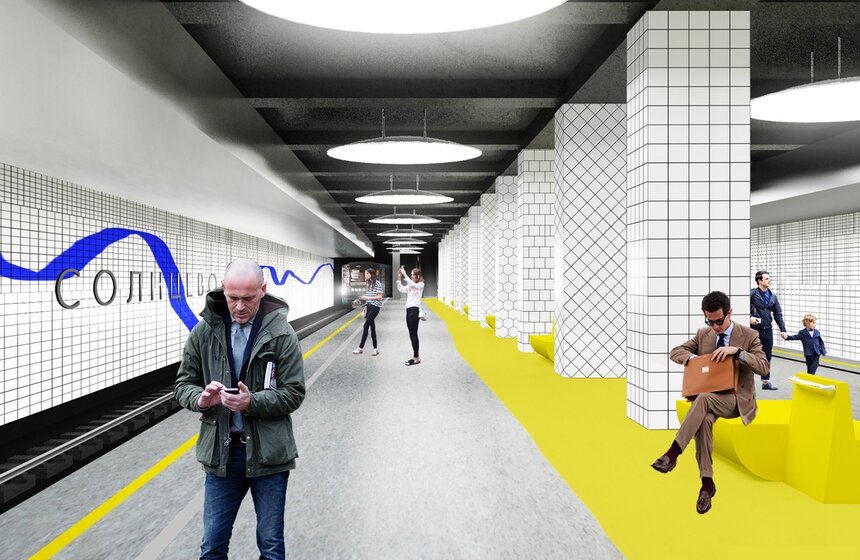 Проект станции метро "Солнцево" от Rhizome Group (Россия, Санкт-Петербург). Проект команды из Санкт-Петербурга четко разделяет утилитарную и неутилитарную составляющие архитектурного решения станции. Не желая скрывать типовую конструкцию, авторы предлагают завершить ее минимально необходимыми для эксплуатации утилитарными средствами - закрыть все вертикальные поверхности керамической плиткой.