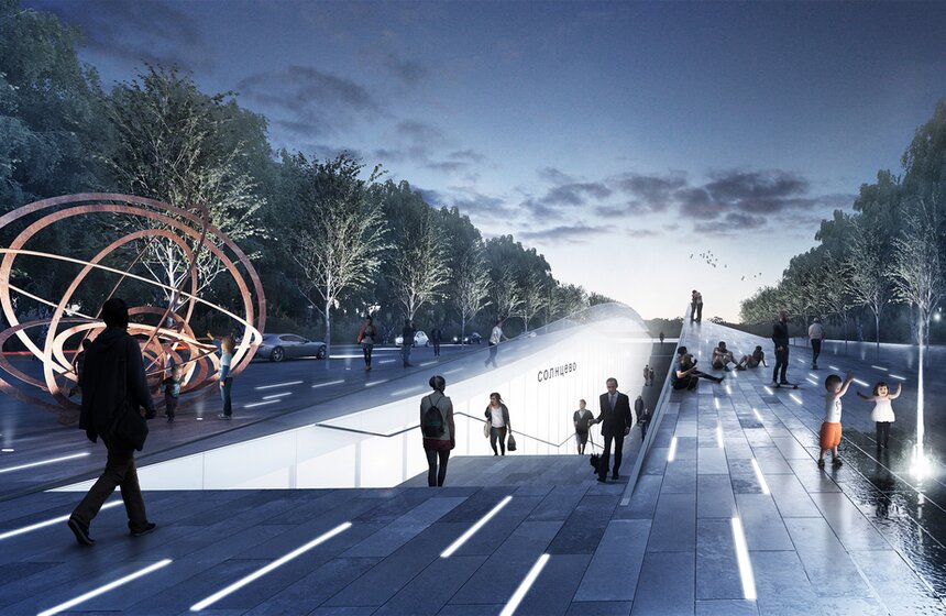 Проект станции метро "Солнцево" от Wall (Россия, Москва). Авторы разработали три визуальных сценария для станции: "городская палуба" соединяет все наземные элементы станции с помощью единого мощения темно-серым гранитом; "белая комната" - это сама платформа, ее стены раздвигаются в местах остановки поезда, а вся навигация размещена на колоннах и на стенах; наземная и подземная части станции соединяют "смежные миры" - подуличные переходы, их стены выполнены из матового стекла, а одна из стен "прогибается" и образует зону отдыха.