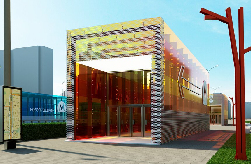 Проект станции метро "Новопеределкино" от Nefaresearch (Россия, Москва). Позитивный светодизайн - ключевая идея проекта. Авторы предлагают заменить яркий люминесцентный свет, заставляющий пассажиров чувствовать себя подавленно, сложной цветовой гаммой зеленых, оранжевых и лиловых оттенков, передающей позитивные эмоции.