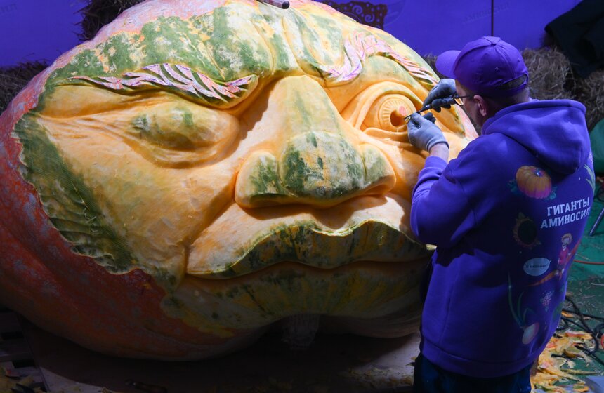 Шоу фигурной резьбы по тыквам-гигантам состоялось в "Аптекарском огороде" 13 фото