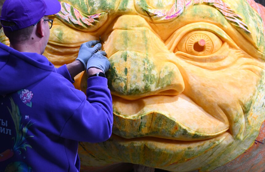 Шоу фигурной резьбы по тыквам-гигантам состоялось в "Аптекарском огороде" 21 фото