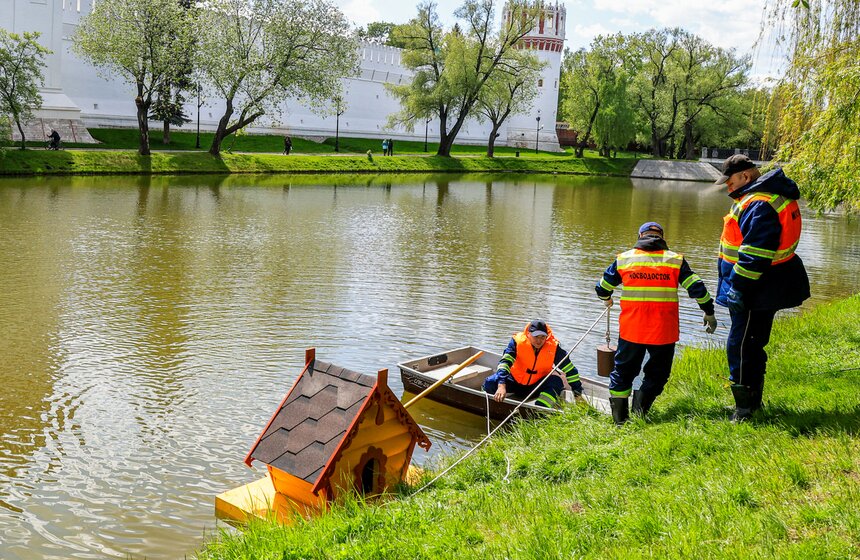 На водоемах Москвы установили плавучие домики для уток 10 фото
