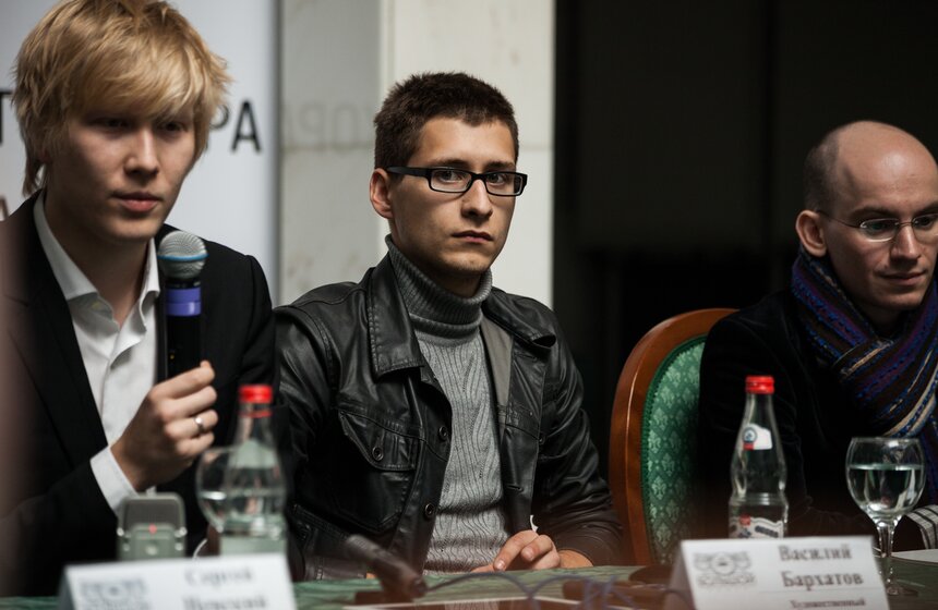 Слева направо - художественный руководитель оперы Василий Бархатов, куратор проекта Дмитрий Ренанский и начальник отдела перспективного творческого планирования Большого театра Михаил Фихтенгольц