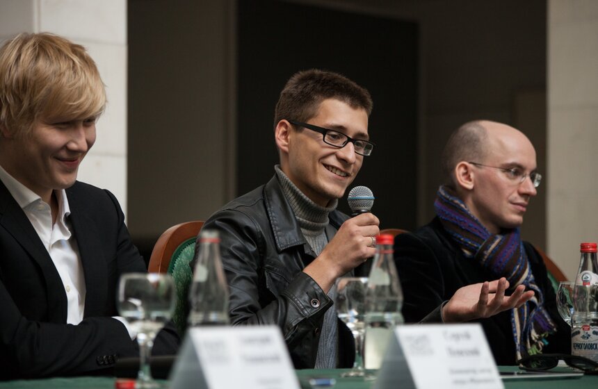 Слева направо - художественный руководитель оперы Василий Бархатов, куратор проекта Дмитрий Ренанский и начальник отдела перспективного творческого планирования Большого театра Михаил Фихтенгольц