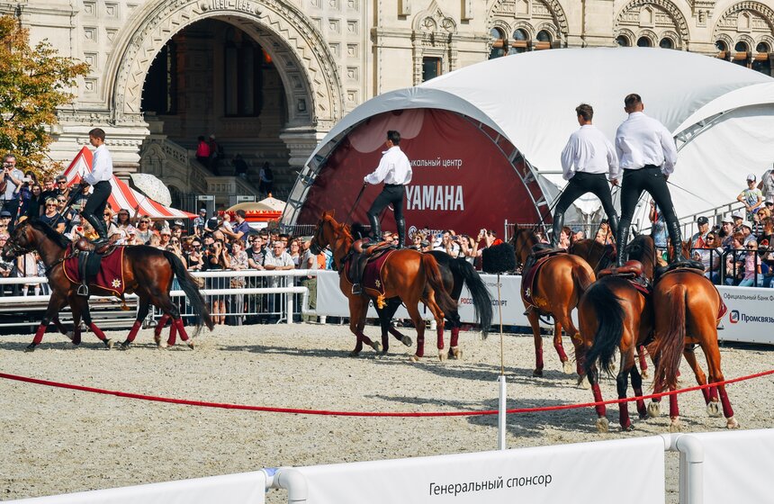 Все элементы выполняются всадниками стоя не только на одной, но и на двух лошадях одновременно