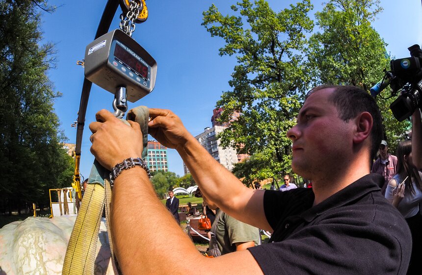 Во время закрытия выставки тыкву разрежут, проверят на нитраты, и, если все будет в норме, ее мякоть раздадут посетителям